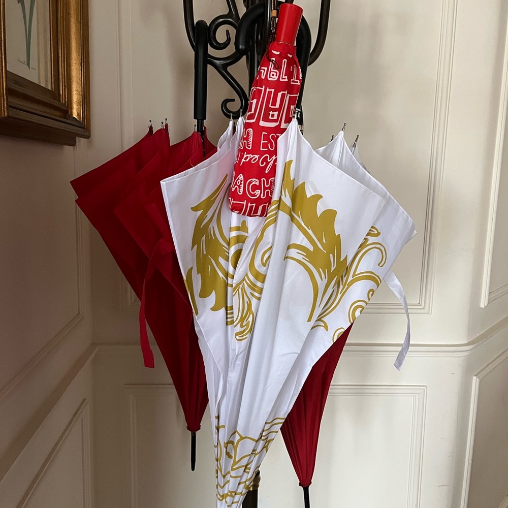 Coach Red and White Umbrella with Gold Print